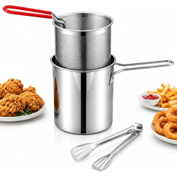 Multifunctional 304 Stainless Steel Fryer, Mini Frying Pot, Stainless Steel Mini Deep Fryer Set with Basket & Tongs, Perfect for Frying, Boiling, Straining and Everyday Family Cooking