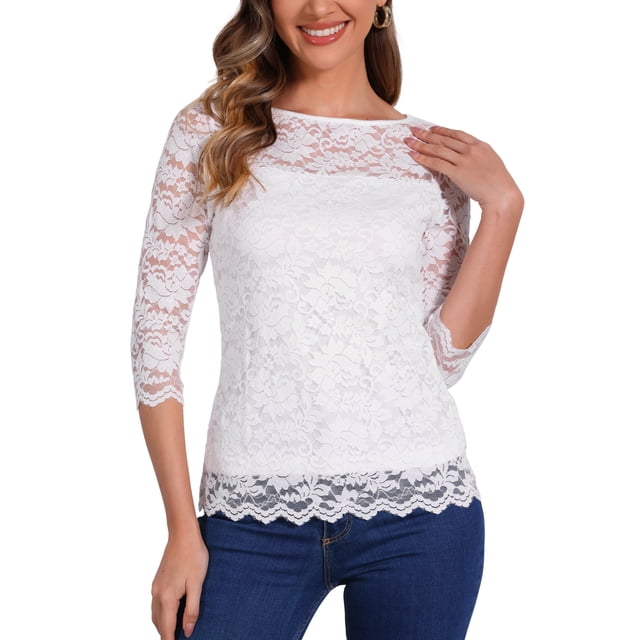 Blusa de encaje floral de edición INSPIRE CHIC para mujer, de manga 3/4, cuello redondo, color blanco