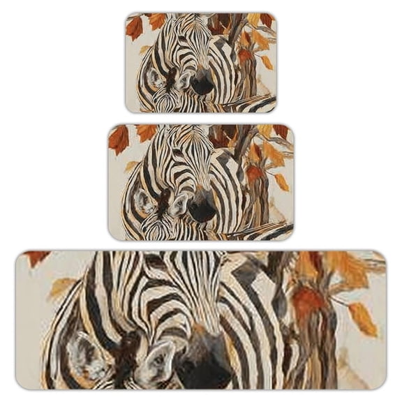 RKSupls Kitchen Rug Set 3 Piece Anti-Slip Flannel Floor Mats, Zebra Autumn Forest Washable Absorbent Runner Mats for Kitchen Bathroom Home Decor