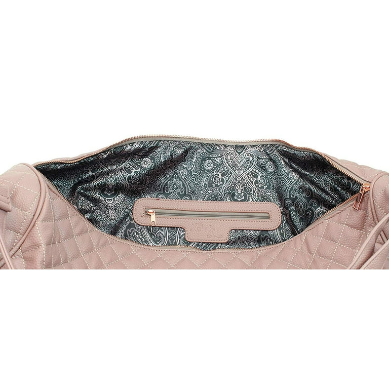 Women's Quilted Leather Weekender Travel Duffel Bag With Rose Gold Hardware  - Large 22 Size - Cute Satin Inner Lining - Mauve