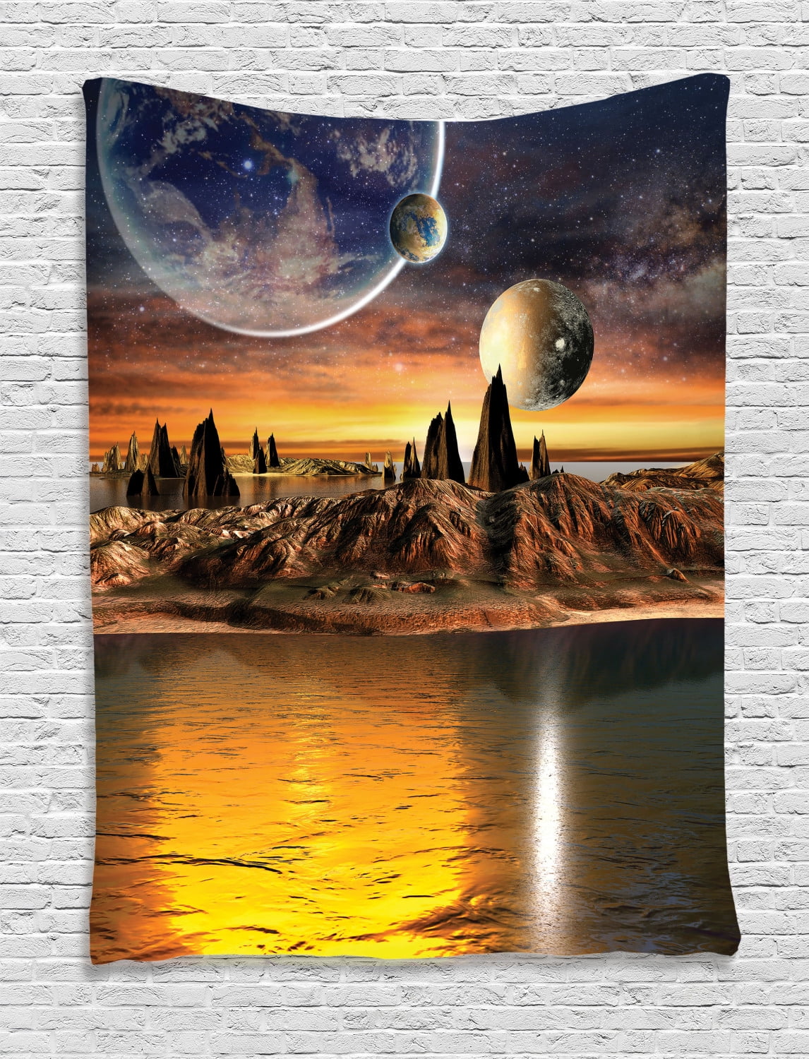 Fantasy Tapestry Alien Planet With Earth Moon And Mountain Fantasy Sci Fi Galactic Future Cosmos Art Wall Hanging For Bedroom Living Room Dorm