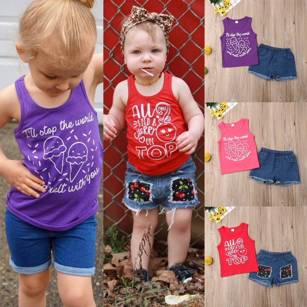Denim Jeans Short Pants Kids Clothes Outfit Set Toddler Baby Girl Top Vest
