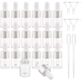 thumbnail image 1 of Paquete de 30 frascos cuentagotas de vidrio transparente de 5 ml para aceites esenciales de ojos con tapas plateadas, 4 embudos y 2 pipetas para perfumes con aceites esenciales., 1 of 8