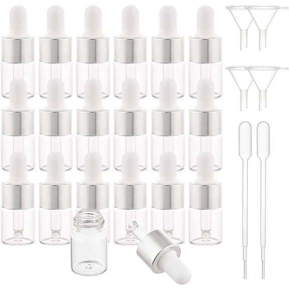 30 Pack 5ml Clear Glass Dropper Bottle Eye Essential Oil Bottles with Silver Caps 4PCS Funnel Hopper and 2PCS Pipettes