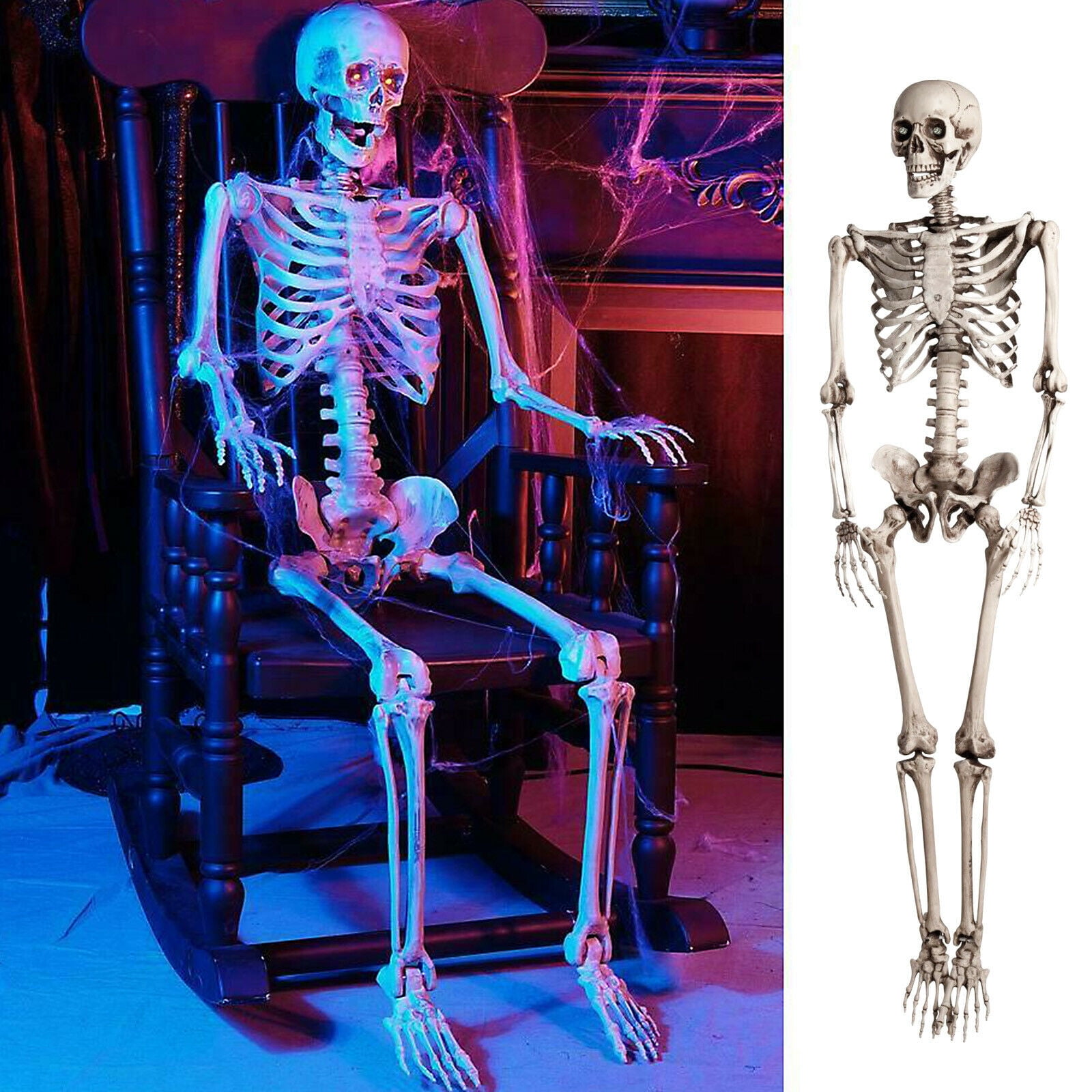 ODOMY 165cm Halloween Life Size Skeleton Poseable Decoration Full Body Bones Prop Hanging Human Skull Ornament Model For Anatomical Learning Aid Art Shooting Halloween Graveyard Cosplay Party