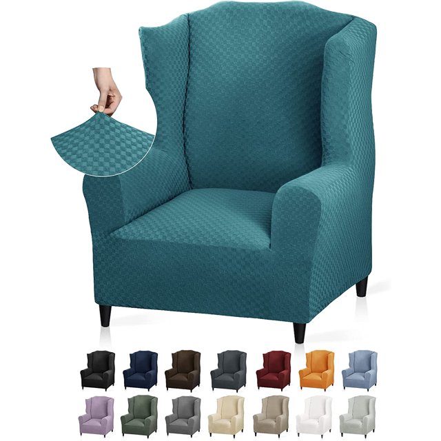 1 Piece Stretch Wingback Chair Slipcover Latest Jacquard Design Wing Chair Cover Non Slip Furniture Protector with Foam Rods for Living Room (Wing Chair, Peacock Blue)