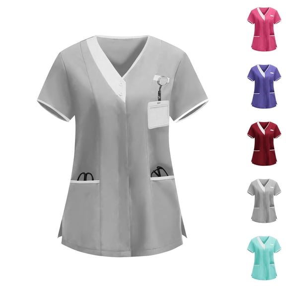 Hinvhai Scrubs for Women V Neck Scrub Tops Stretchy Nursing Uniforms Holiday Medical Shirts with Pockets Red XL(XL)