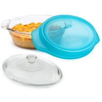 Libbey Baker’s Premium 2 Quart Oval Glass Casserole Dish with Glass Lid and Plastic Storage Lid, Stackable Bakeware with GreatGrip Handles