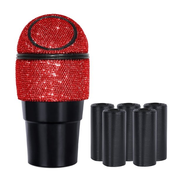 Riloer Bling Car Trash Can With Bounce Cover - Rhinestone Decorated Mini Auto Garbage Bin, Red (8x9x20.5cm)