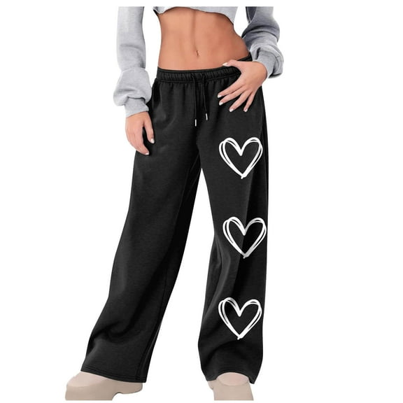 CHUMUD Women's Open-bottom Fleece Sweatpants Wide Leg Baggy Heart Print Sweat Pants Drawstring High Waisted Jogger Pants with Pockets