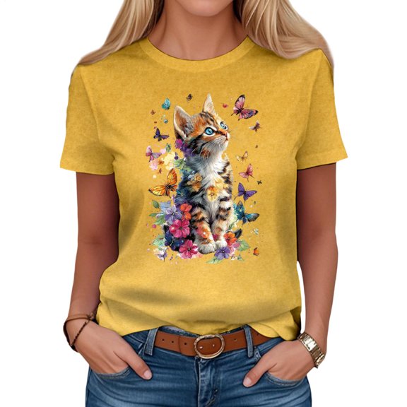 Ankishi Cat Shirts for Women Kitten Butterfly Print Short Sleeve Round Neck Graphic T Shirt Summer Tops for Party