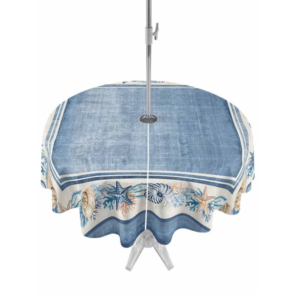 Outdoor Tablecloths with Umbrella Hole & Zipper, Blue Coastal Round Tablecloth 54 Inch, Vintage Summer Beach Coral Shell Starfish Waterproof Table Cloth, Patio/Pool/Picnic Table Covers
