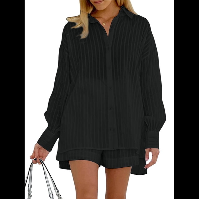 Conjuntos de 2 Piezas: Camisa Abotonada, Top y Pantalones Cortos, Conjuntos Casuales para Estar en Casa Negro M