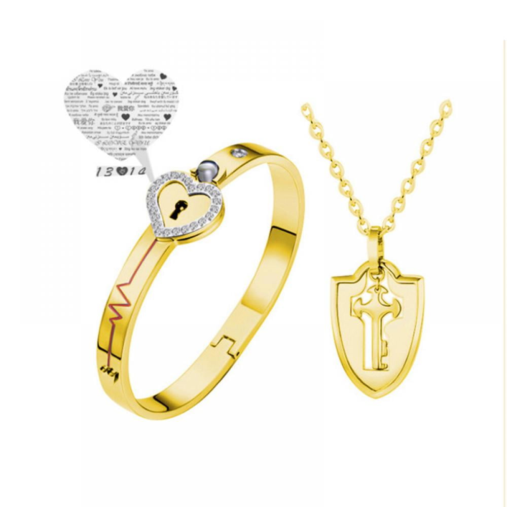 Plated Titanium Matching Puzzle Couple Heart Lock Bracelet and Key Pendant  Necklace for Men and Women