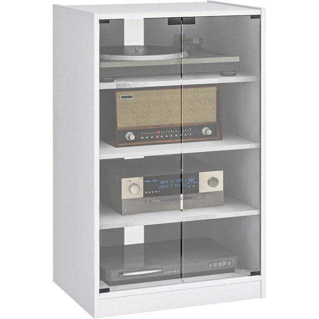 HOMCOM Gabinete de medios estéreo de 4 niveles para reproductor de discos de vinilo, consola de juegos, soporte de reproductor de discos AV con estantes ajustables, puertas de vidrio de empuje para