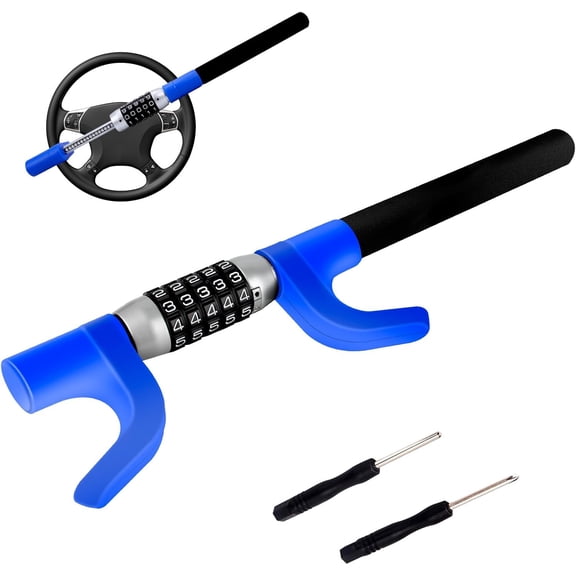 Car Steering Wheel Lock Anti-Theft Device, Password High-Security Vehicle Lock, Adjustable Heavy-Duty Protective Retractable Universal Steering Lock for Cars, SUVs, Trucks, Blue