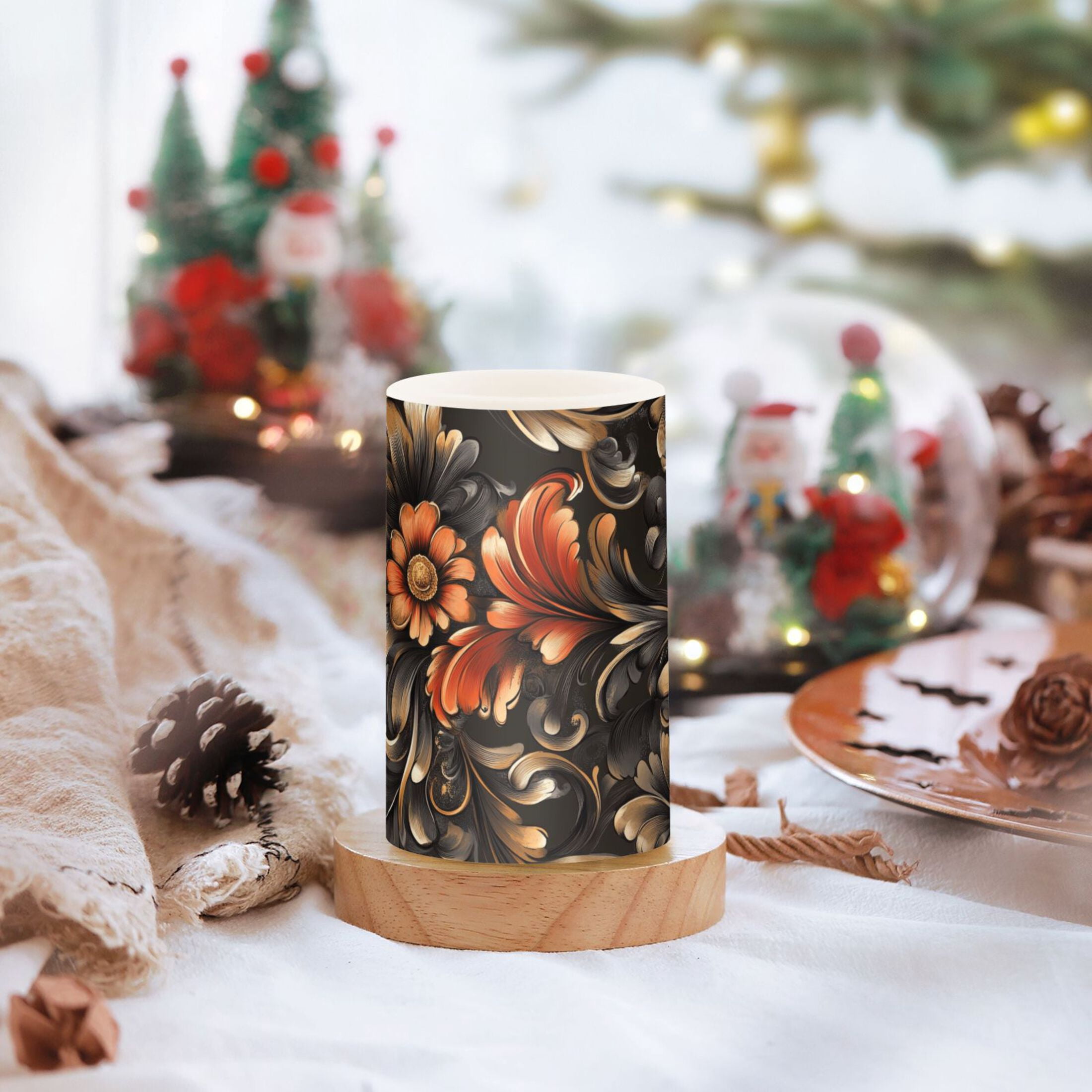 Flickering Flameless LED Candles set of 2 Battery Operated 18-Key Remotes Timer Halloween Fall Decor Red Flowers and Swirls Leaves D3''xH4''5''