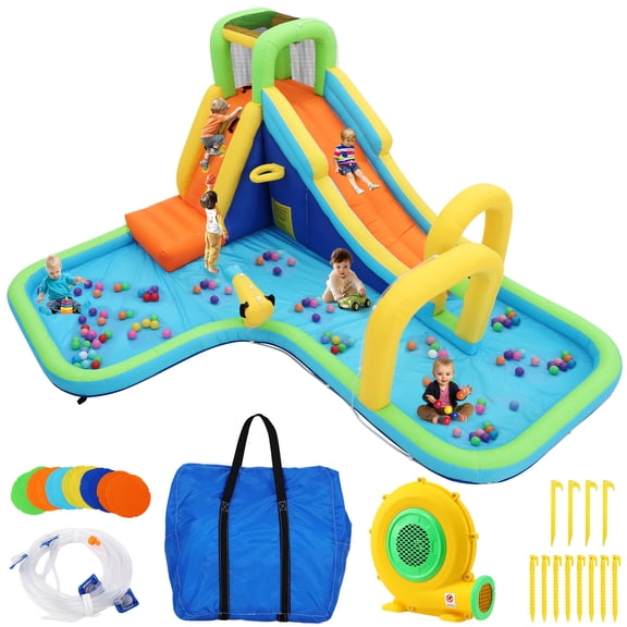Funcid Inflatable Water Slide Bounce House for Kids, Dual Slides & Double Splash Pools, Ring Toss & Water Cannon, Arch & Overhead Sprinkler, Indoor Outdoor Play