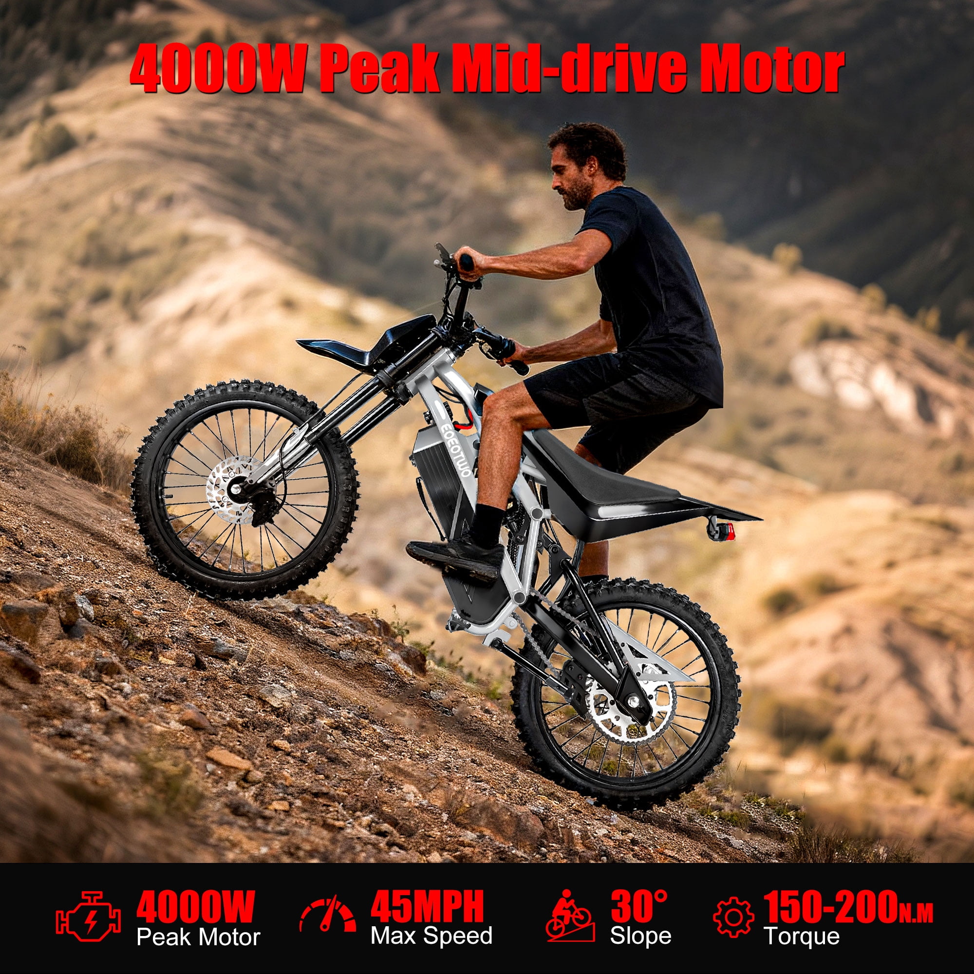 EOEOTWO Electric Dirt Bike for Adult Peak 4000W,Up to 45MPH,60V 35AH 50Miles Long Range Off-road E-bicycle with Front and Rear Hydraulic Disc Brakes