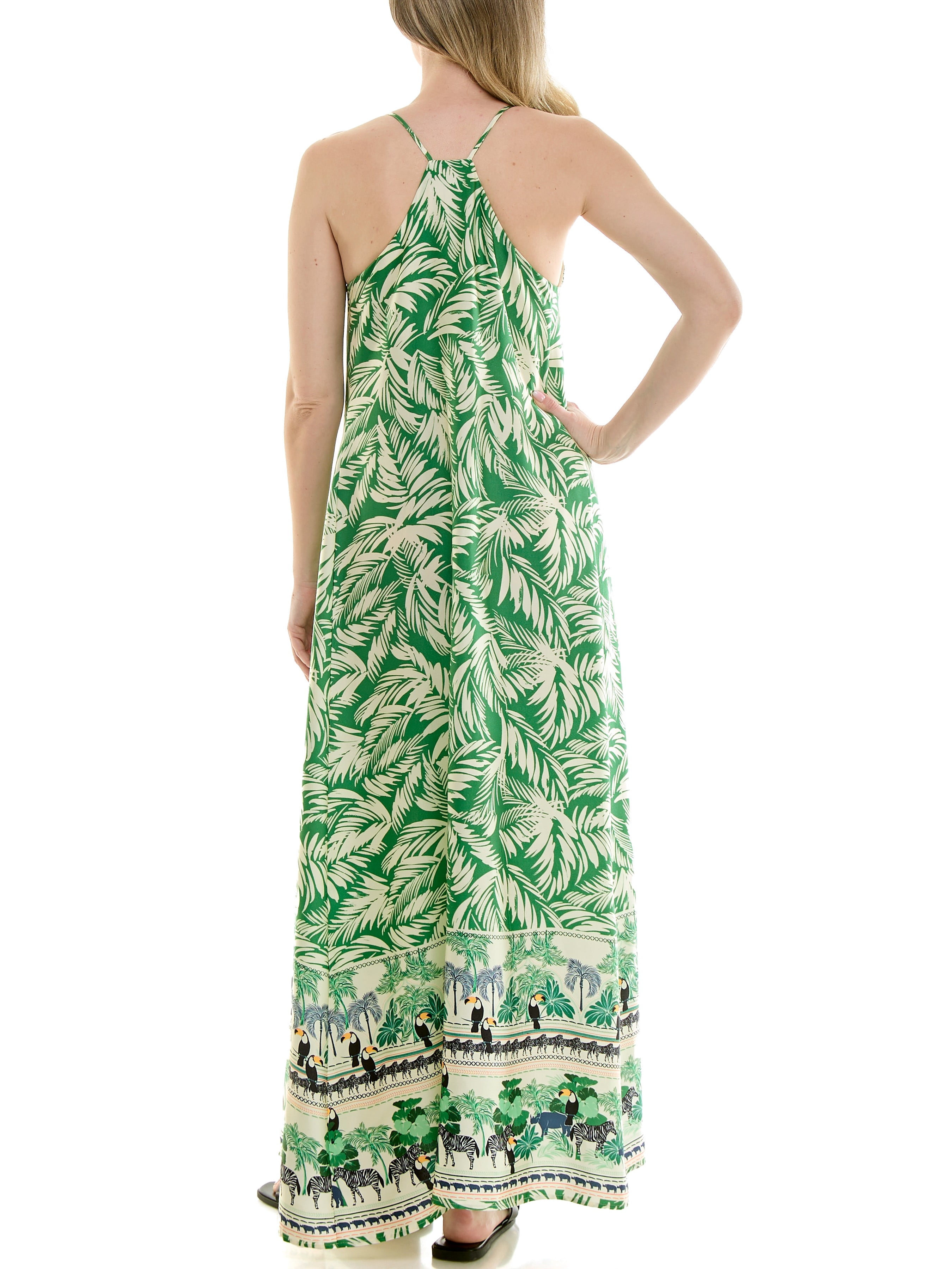 Tropical border print, full sweeping, satin maxi slip dress with built in shelf bra and pockets.,S-XL