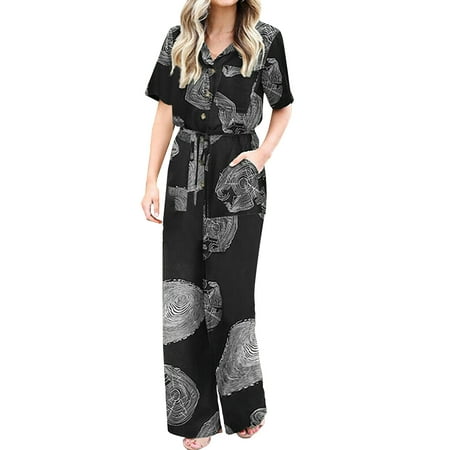 

Jumpsuits for Women Casual Spring Printed Button Pocket Loose Long Playsuits Drawing Stamp Print Short -sleeve Rompers (Large Black)