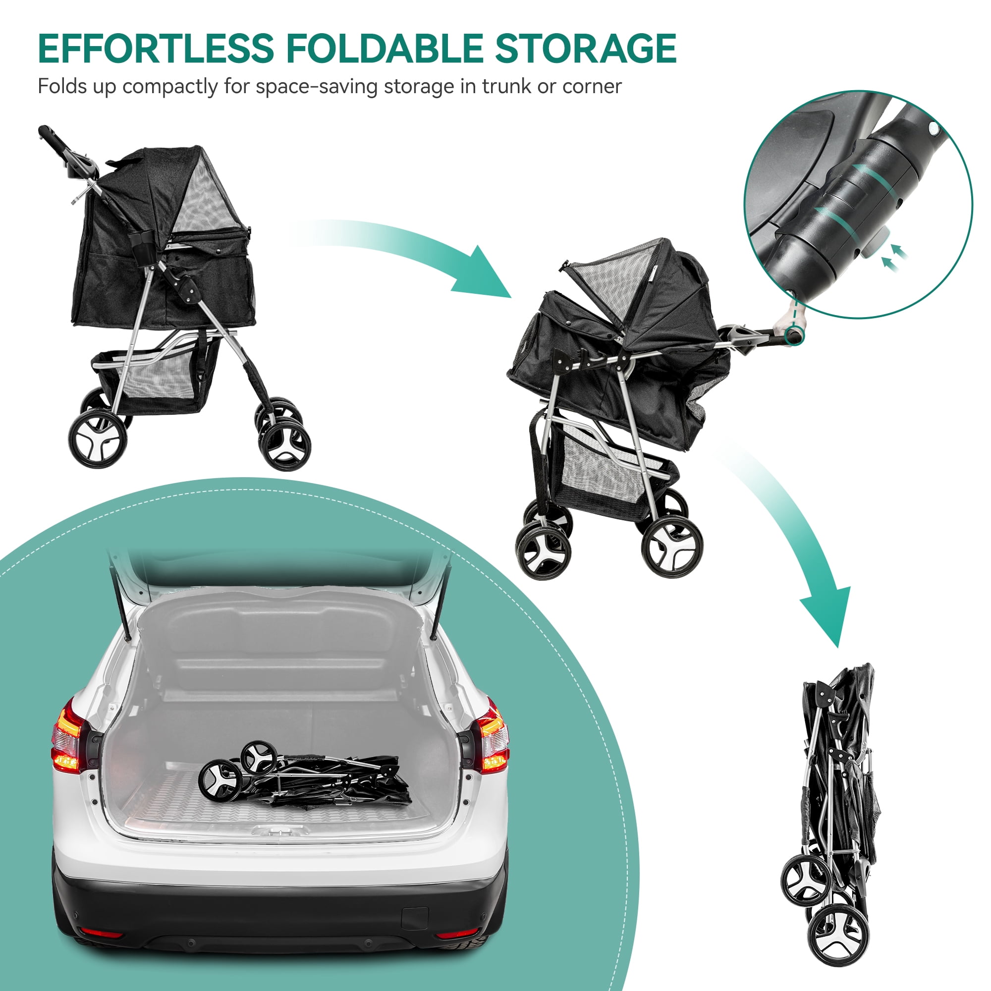 Dextrus 4 Wheels Dog Stroller for Medium Small Dogs, Foldable Pet Stroller with 360° Rotation Wheel, Cat Kitty Puppy Stroller with Storage Basket (Black)