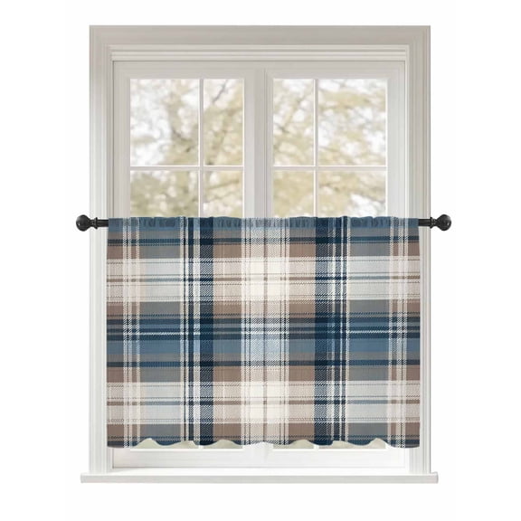 Sheer Curtains 54 Inch Length, Blue Brown Plaid Semi Sheer Curtains Light Filtering Window Treatment, Vintage Abstract Stripes Lattice Privacy Voile Drapes for Living Room Bedroom 52x54 Inch