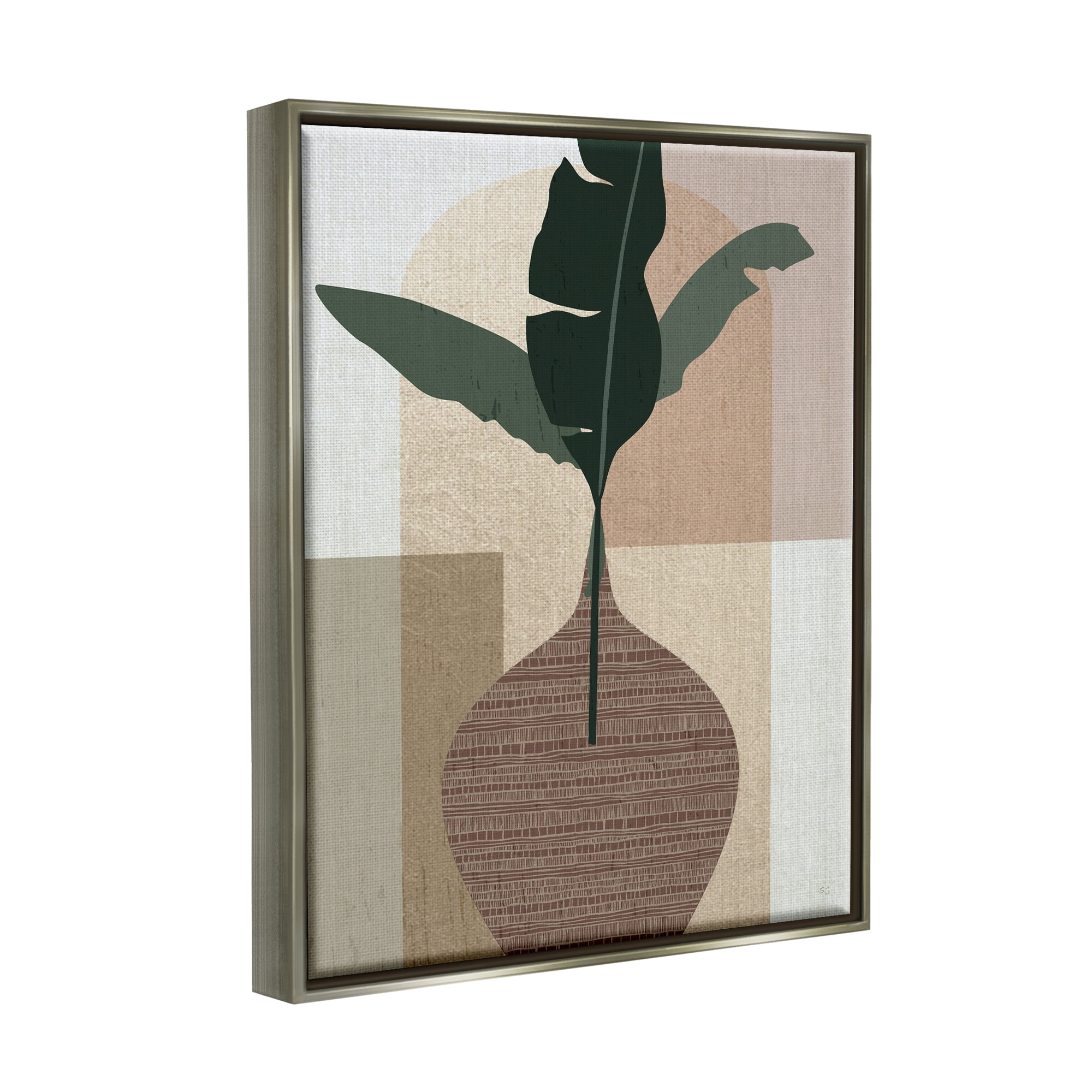 Stupell Industries Earth Tones Plant Sprig Botanical & Floral Painting Gray Floater Framed Canvas Art Print Wall Art, 17 x 21