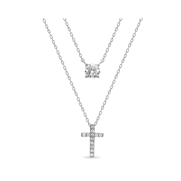 Sterling Silver Solitiare Cubic Zirconia And Cross Layered Necklace 20 Inches