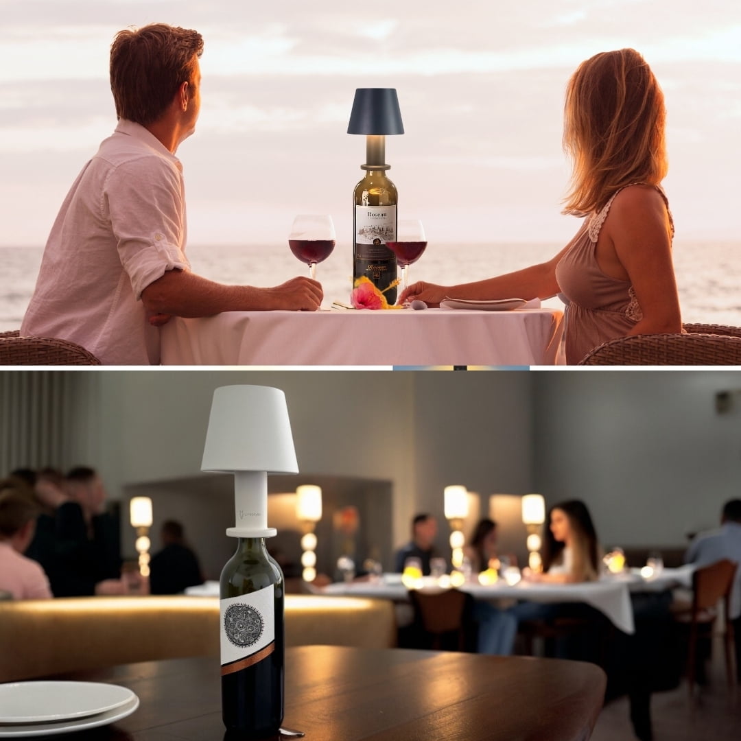GLOVI Wine Bottle Lamp with Luxurious Metal Shade — Premium Decorative Rechargeable LED Wireless Bottle Light, Dimmable Lights, Waterproof for Indoor and Outdoor Dining (White) By LINKSTYLE