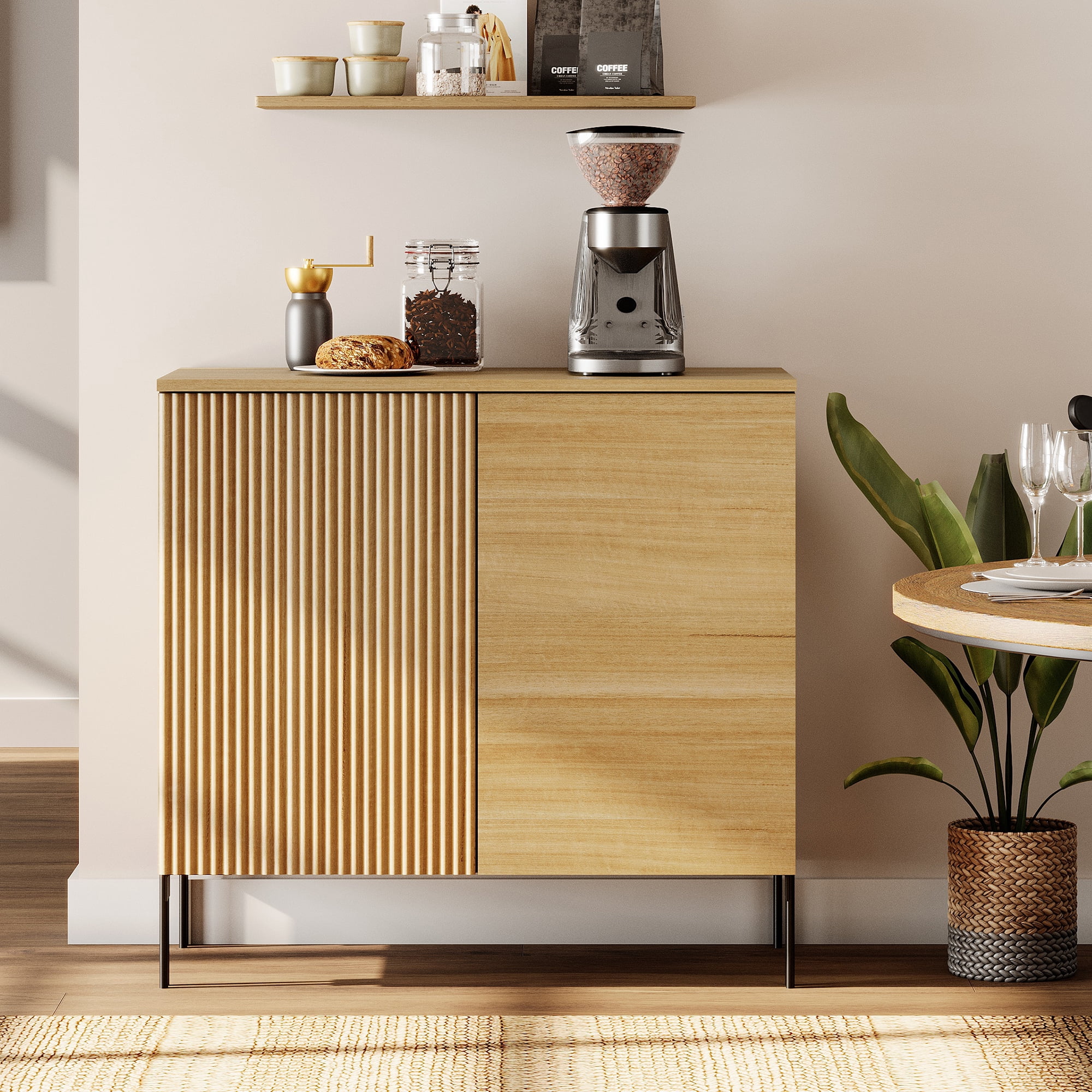 31.5" Wooden Reeded Sideboard with 2 Doors, Modern Credenza Storage Cabinet for Kitchen, Dining Room