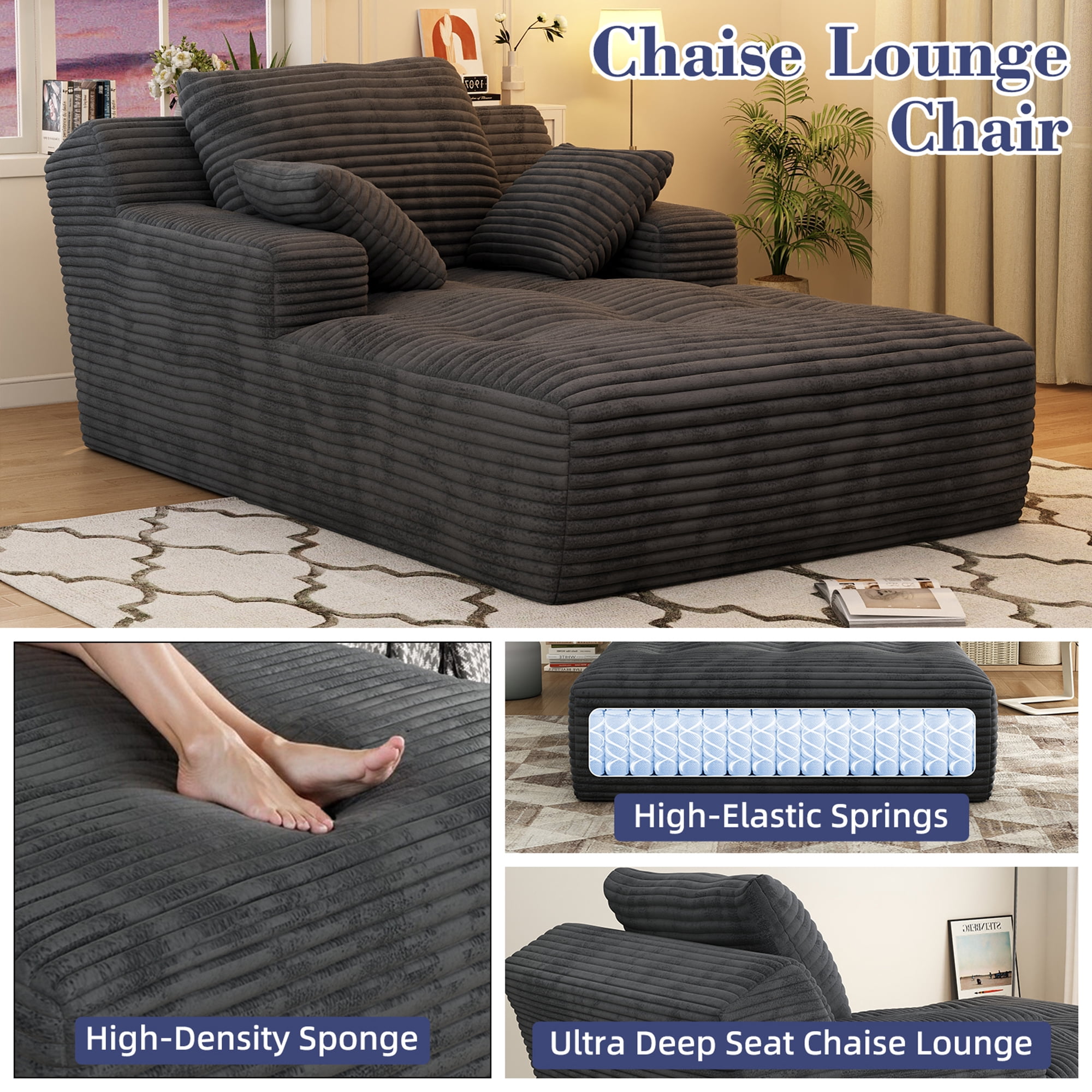 67'' Oversized Chaise Lounge Chair Indoor, Cloud Plush Corduroy Upholstered Sofa Bed, Modern Deep Seat Sofa with Back Cushion, Pillows, Cozy Sleeper Couch for Living Room, No Assembly Required, Grey