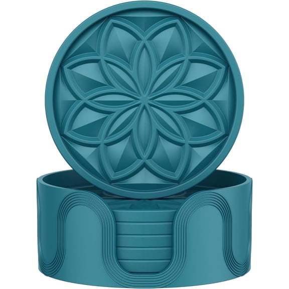 HFHOME Coasters for Drinks 6 Pack Silicone Coasters Set with Holder, Drink Coaster for Coffee Table, Table Cup Mat Desk Coaster for Drinks, Bar Coasters for Home Decor Tabletop Protection Gift - Blue