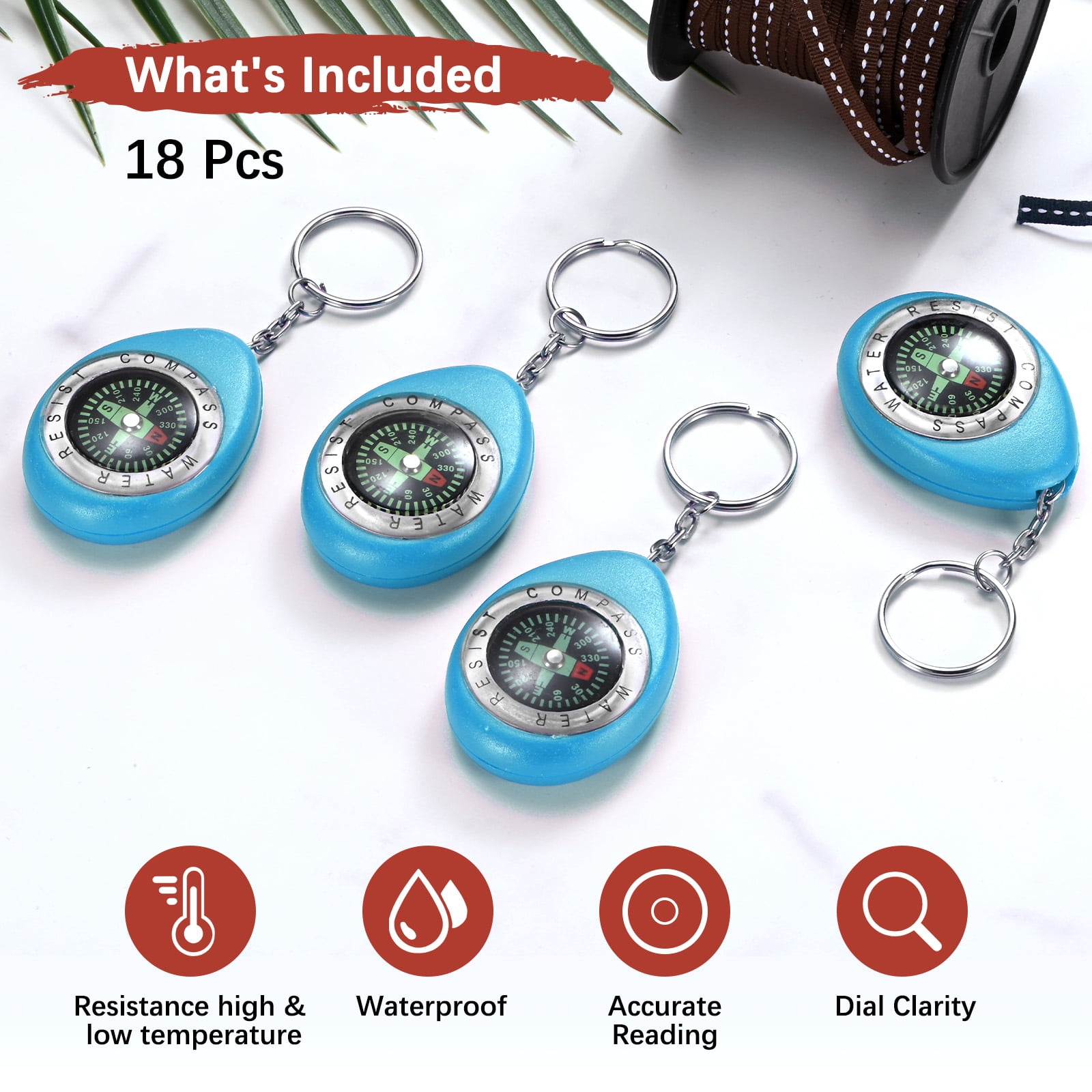 Keychain Compass [18PCS] - Survival Pocket Mini Compass Bulk with Key Ring for Hiking & Camping - [Blue]