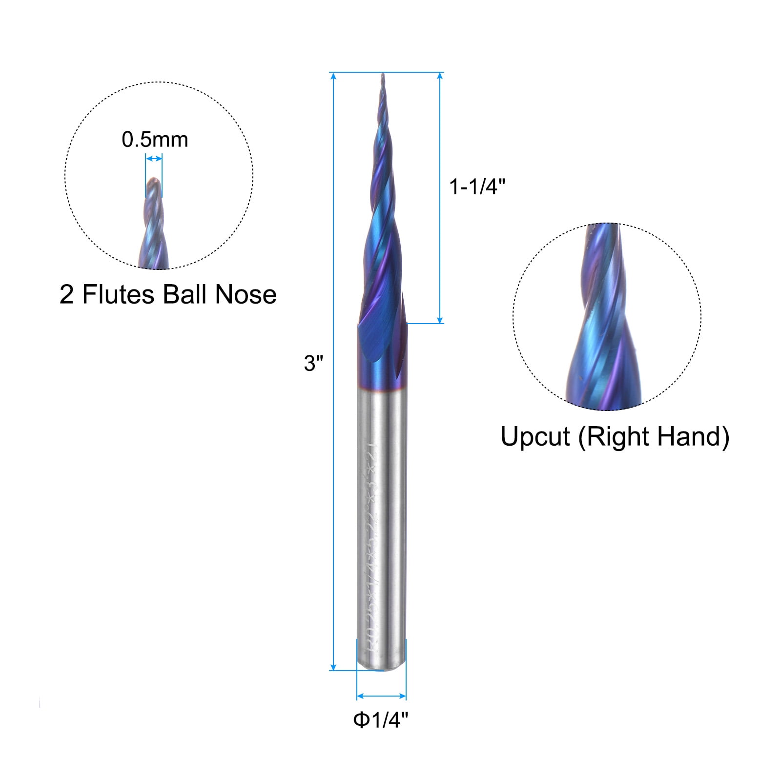 Uxcell Tapered Ball Nose End Mill 0.25mm Radius 1/4" Shank Solid Carbide Coated Upcut Spiral 2 Flutes