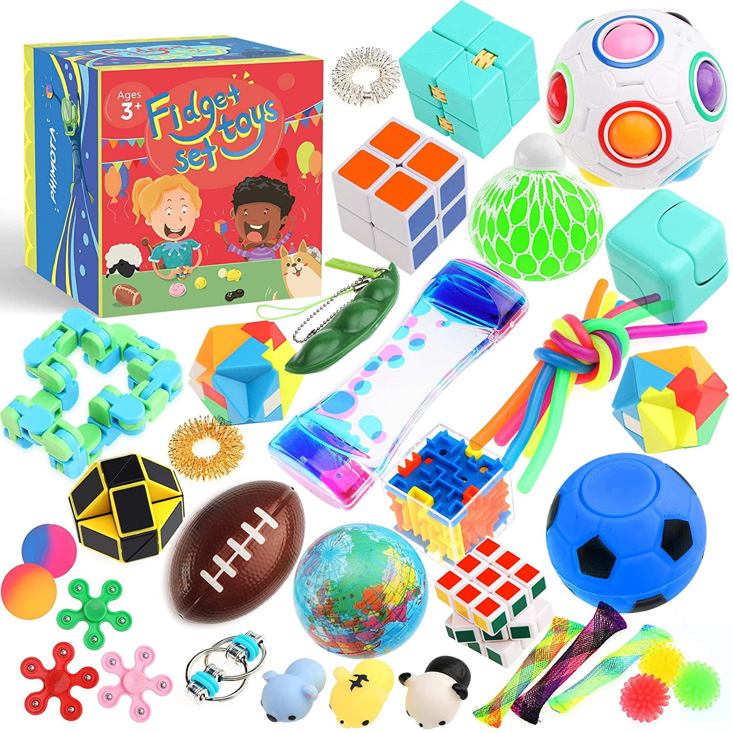 Stress Relief and Anti-Anxiety Tools Bundle for Kids and Adults Football Foam Ball Wacky Track Mochi Squid Toy & More 22 Pack Sensory Fidget Toy Set Flippy Chain 