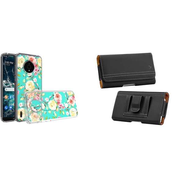 Case and Pouch Bundle for Nokia C200: Slim Series TPU Protector Case (White Pink Flowers on Teal) and PU Leather Magnetic Travel Belt Holster