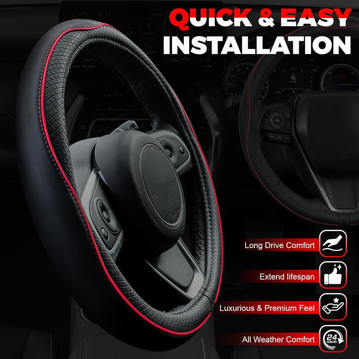 Car Steering Wheel Cover, Microfiber Leather Steering Wheel Covers with Anti-Slip Lining, Universal 14.5-15 Inch Black with Red line