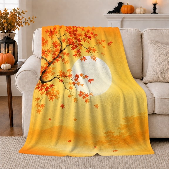 Red Maple Branch before Golden Moon, Serene Japanese Style for Autumn Lovers, Falling Leaf Scene and Thanksgiving Gift, Cozy Flannel Blanket for Bedroom and Reading Nook, Seasonal Home Decor