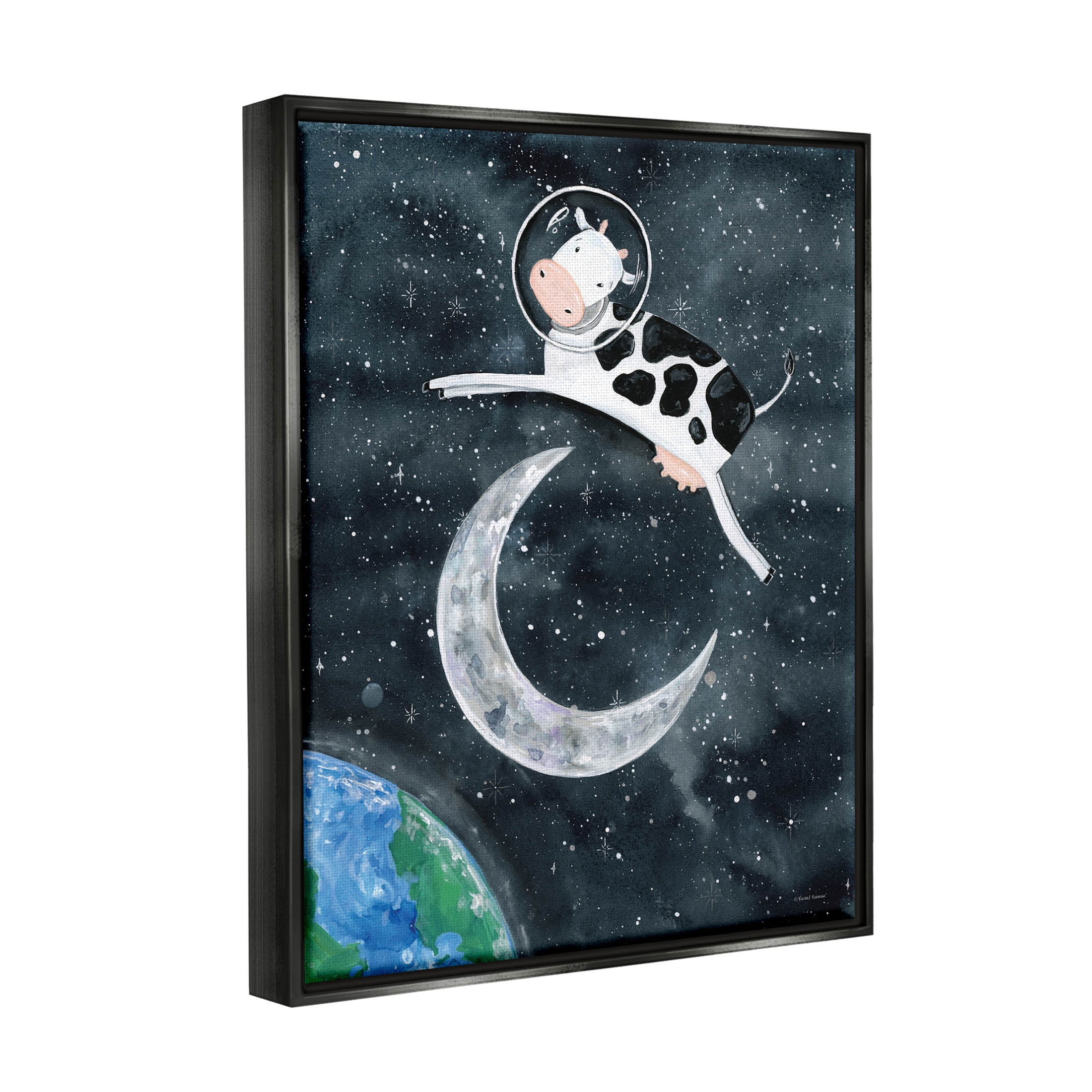 Cow Astronaut Jumping Over Moon Animals & Insects Painting Jet Black Framed Art Print Wall Art
