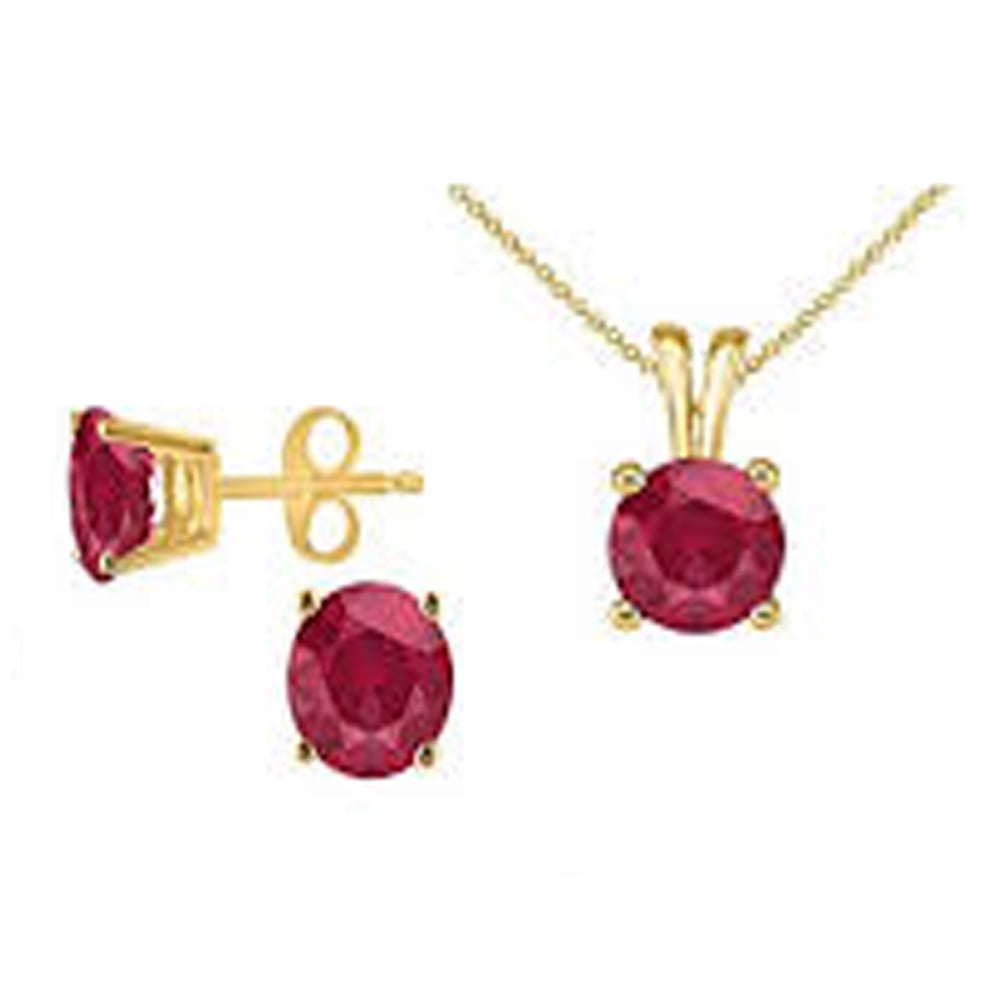 18K Yellow Gold 4ct Ruby Round 18 Inch Necklace and Earrings Set Plated Adult Female PJ Jewelry
