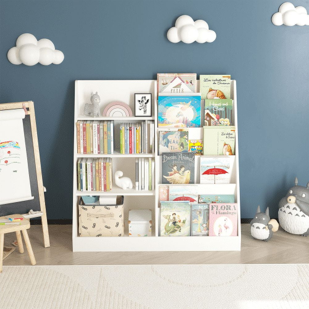 Yoneston 4 Tier Kids Bookshelf with Bookcase Display Stand, Multifunctional Toy Storage Organizer in Children Room Playroom Nursery, White