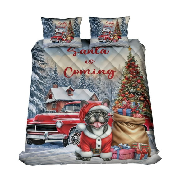 Santa is Coming French Bulldog Merry Christmas Xmas Noel Truck Tree Quilt Bedding Set Dog Lover Gifts 1 Blanket Bed Cover 2 Pillowcases - 02023