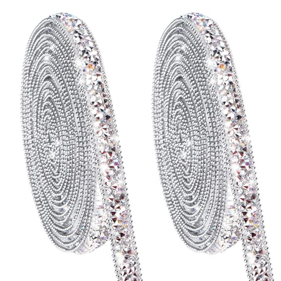 6 Yards Self Adhesive Rhinestone Ribbons,Bexikou 2 Rolls Diamond Ribbon Crystal Ribbon Roll,Rhinestone Ribbon Crystal Car Sticker for DIY Art Crafts Car Phone Decoration (Silver)