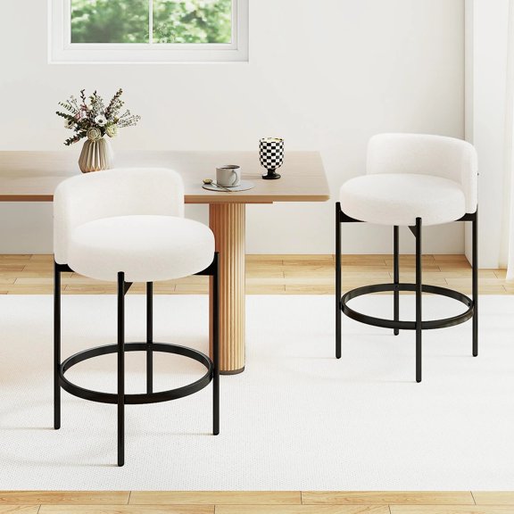 Auranook Boucle Counter Stools Set of 2, 24.5 Inch Modern Bar Stools w/Curved Backrest, Metal Frame w/ Footrest