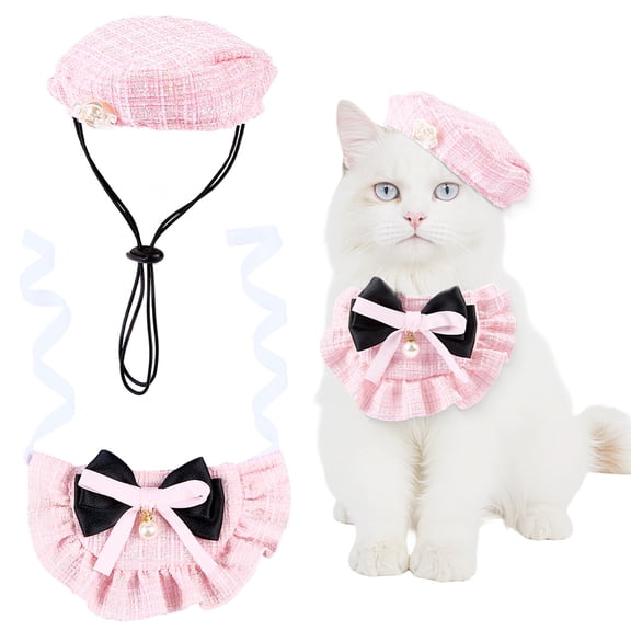 Pink Pearl Cat Beret Costume Bowtie Pet Dog Puppy Princess Hat Outfit Apparel Polyester Adjustable Bandana Scarf Accessories SetsDIY