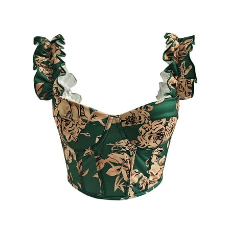 Ruimatai Women s Corset Tops Floral Print Bustier Tops Wide Strap Ruffle Trim Crop Cami Slim Fit Bustier Shapewear Lingerie