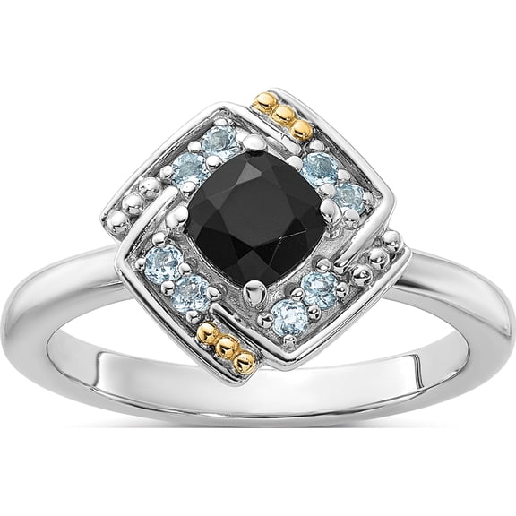 14K/Silver Two-Tone Shey Couture Sterling Silver Rhodium-Plated With 14K Accent .50 Onyx And .16 Swiss Blue Topaz Ringsize 6 (Width 2.45) - Jbsp