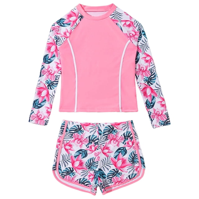 Pimfylm Girls Tankini Rash Guard Set Girls Rash Guard Swimsuit Teens Two Piece Bathing Suit Long Sleeve Swimwear Pink,Size for 8-9 Years