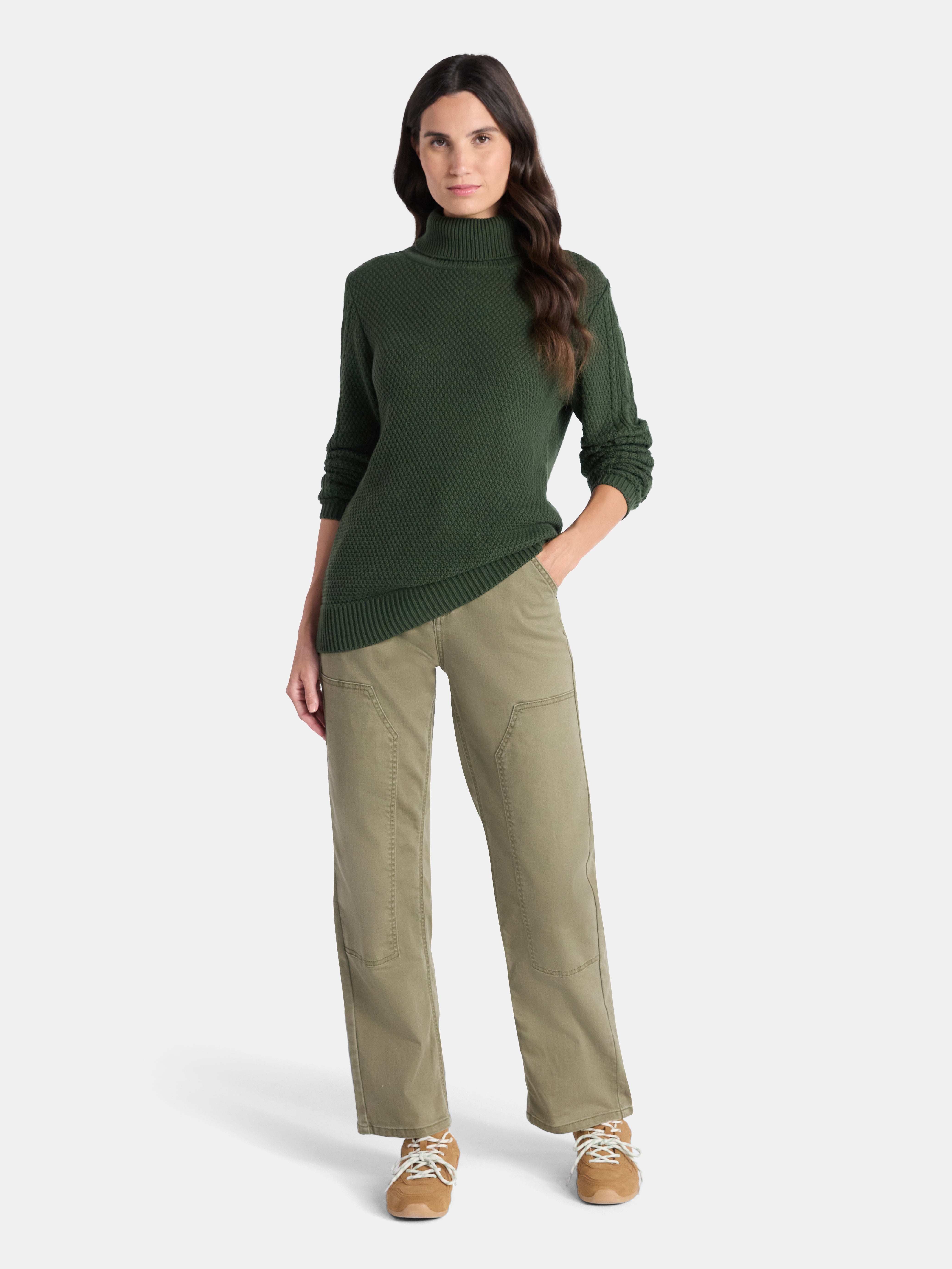 Time and Tru Women’s and Women’s Plus Turtleneck Sweater with Cable Sleeves, Midweight, Sizes XS-4X